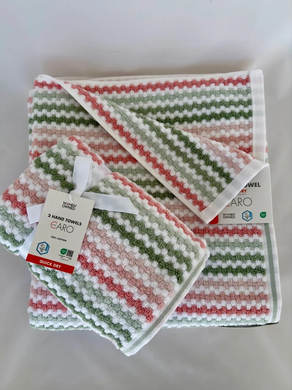 NWT 4Pc Caro Retro Boho Bath & Hand Towel Set Sage Green Blush Pink Quick Dry